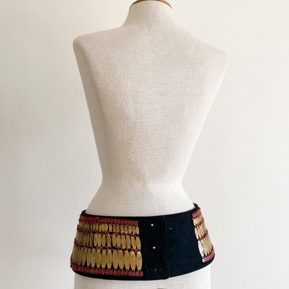 Vintage Oscar De La Renta Couture Beaded Embroidered Leather Wide Belt Gold main image 7